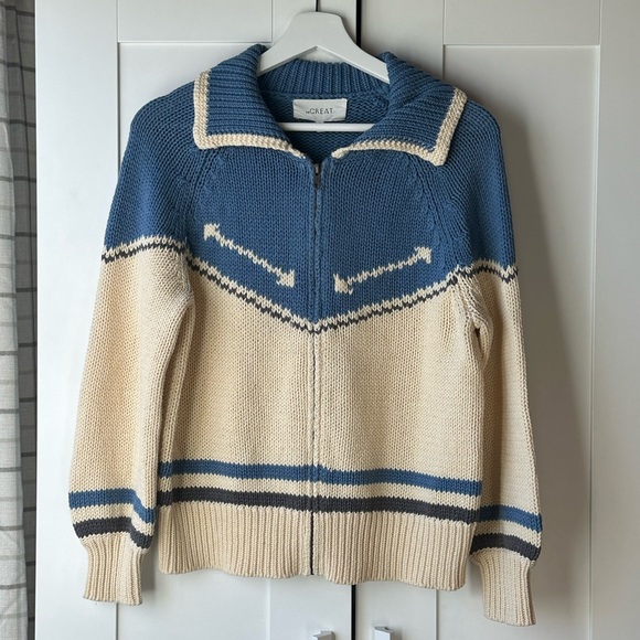 THE GREAT. The Ranch Cardigan in Cream with Denim / Blue Jean - Picture 6 of 8